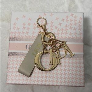 Dior Gold Letter Charm Key & Card Holder with Beige Ribbon NWT